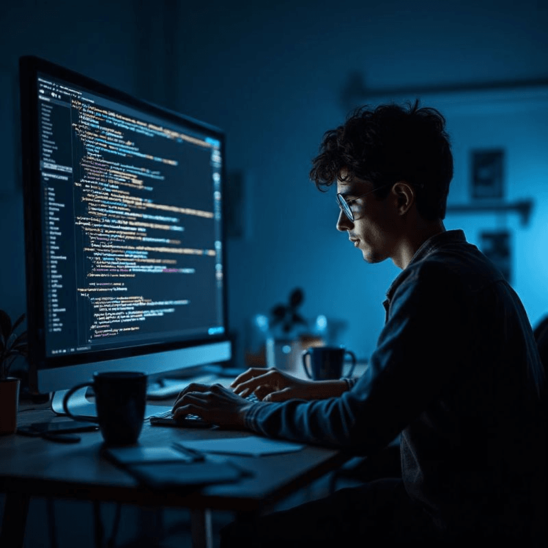 A person working on a coding problem at a laptop as a one-time goal.