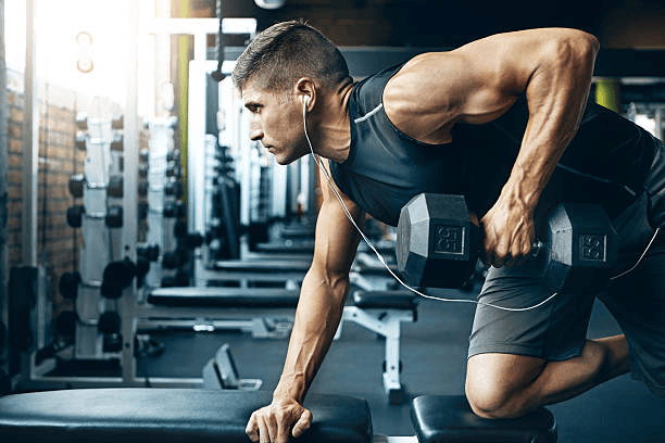 A person following a gym routine and lifting weights.